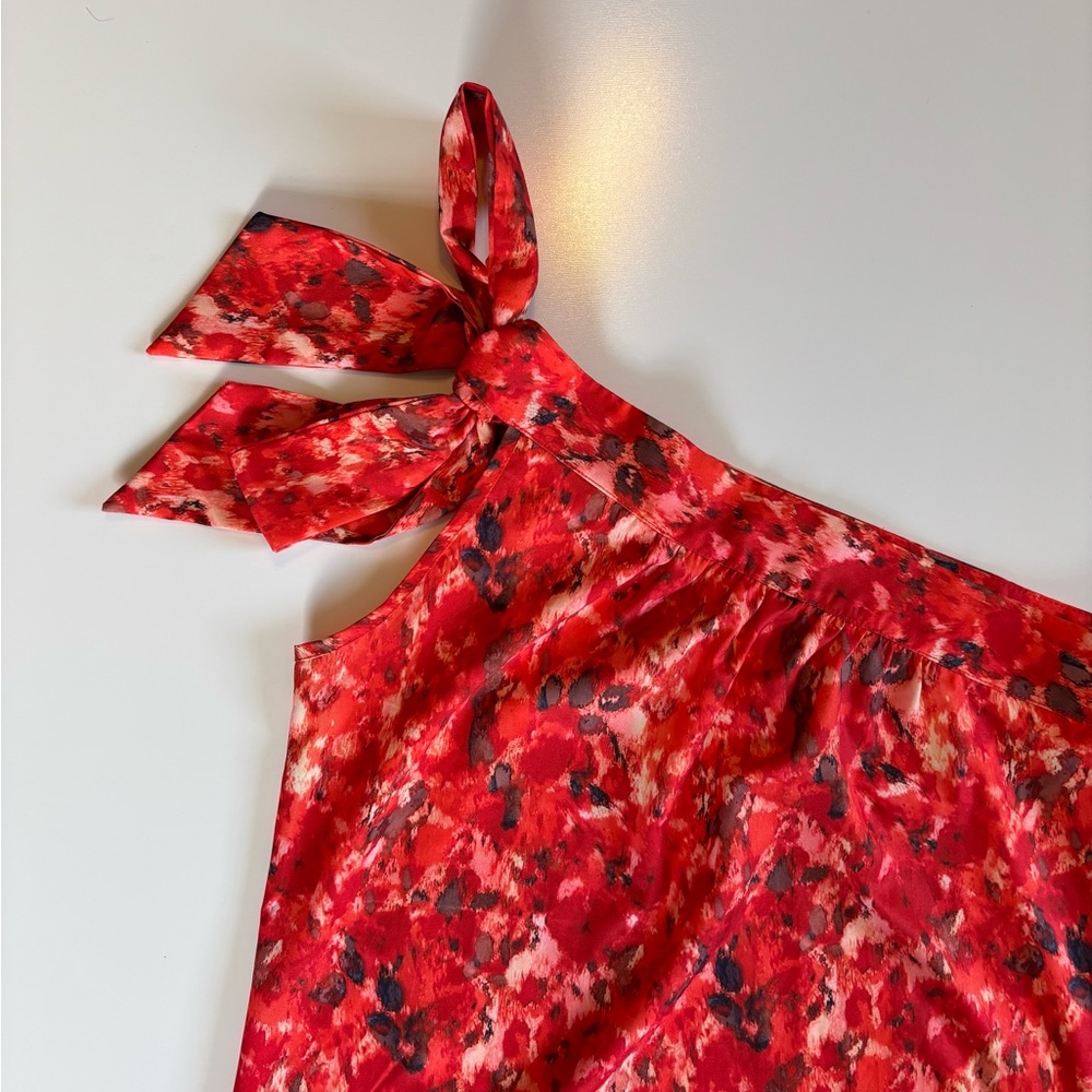 Vibrant Red, Brown, & White Asymmetrical Blouse, Ties into a Bow at one Shoulder - Picture 2 of 6